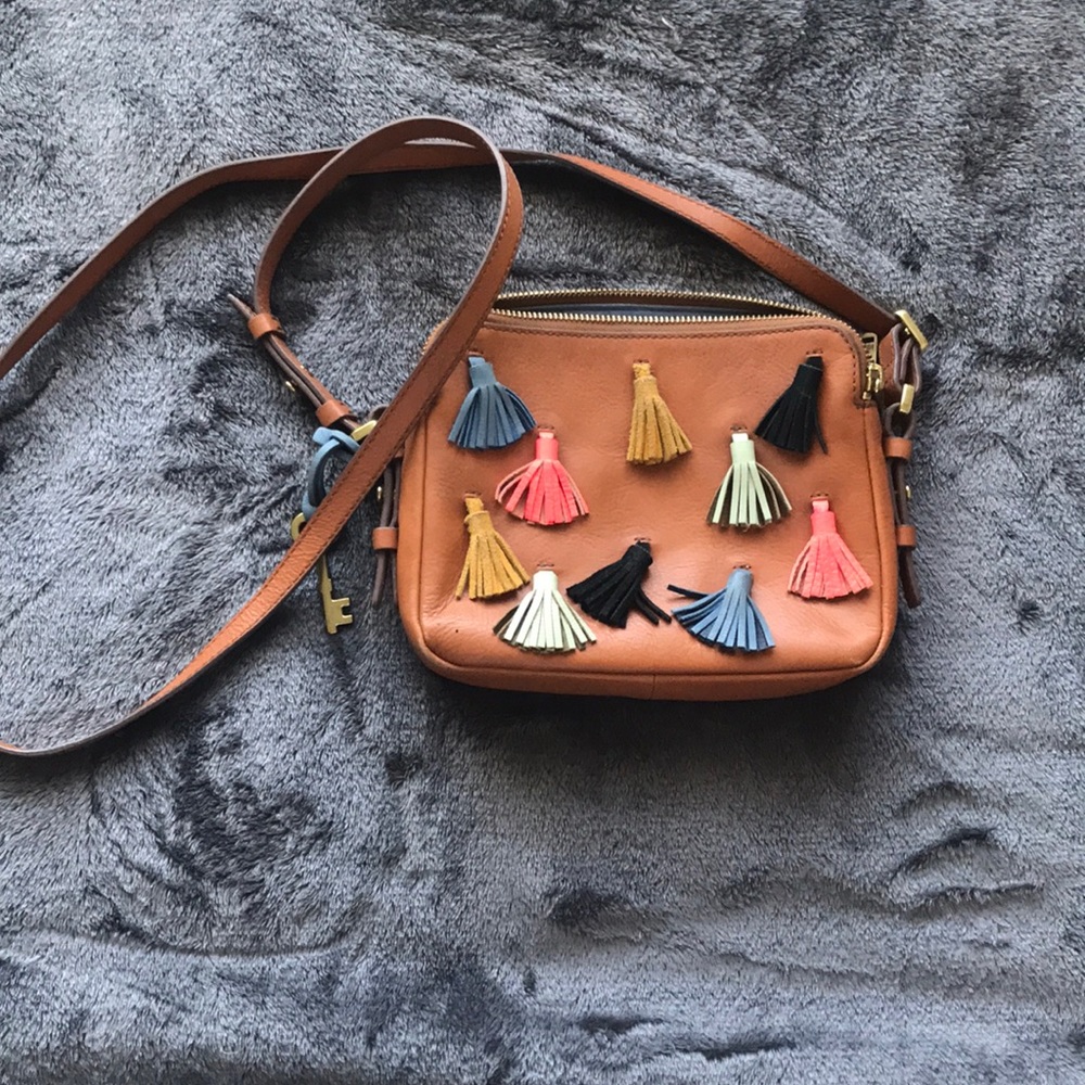 Fossil Tan Leather Crossbody Bag with Multicolor Tassels
